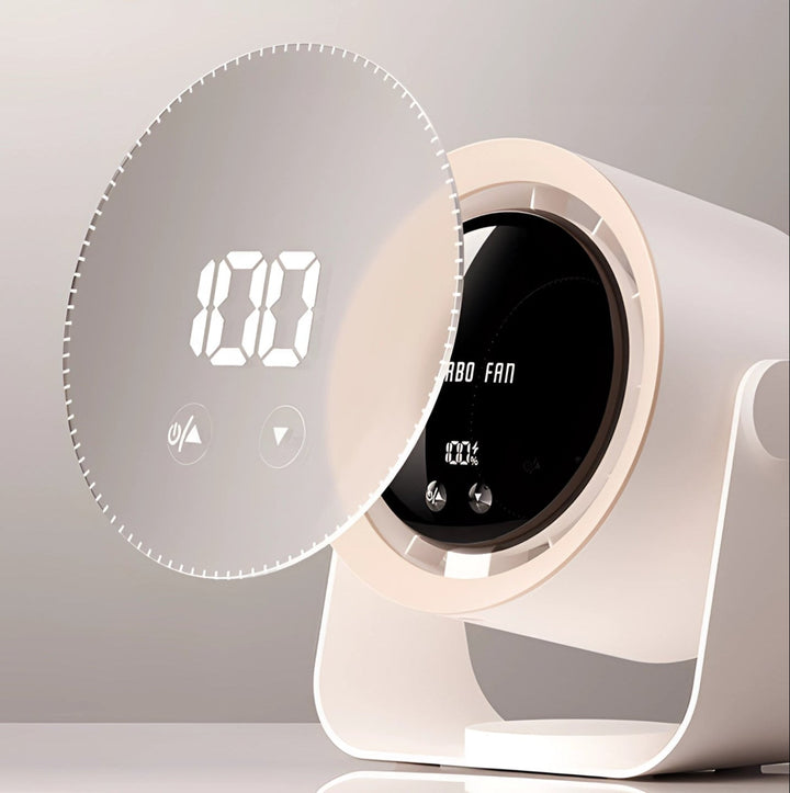 Compact safety bladeless fan featuring a bright LED display, perfect for any desk or home space.