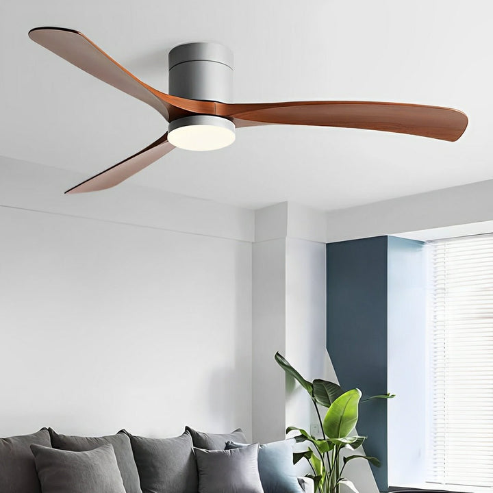 Stylish modern LED ceiling fan, a quiet home cooling and lighting fixture for contemporary living spaces.