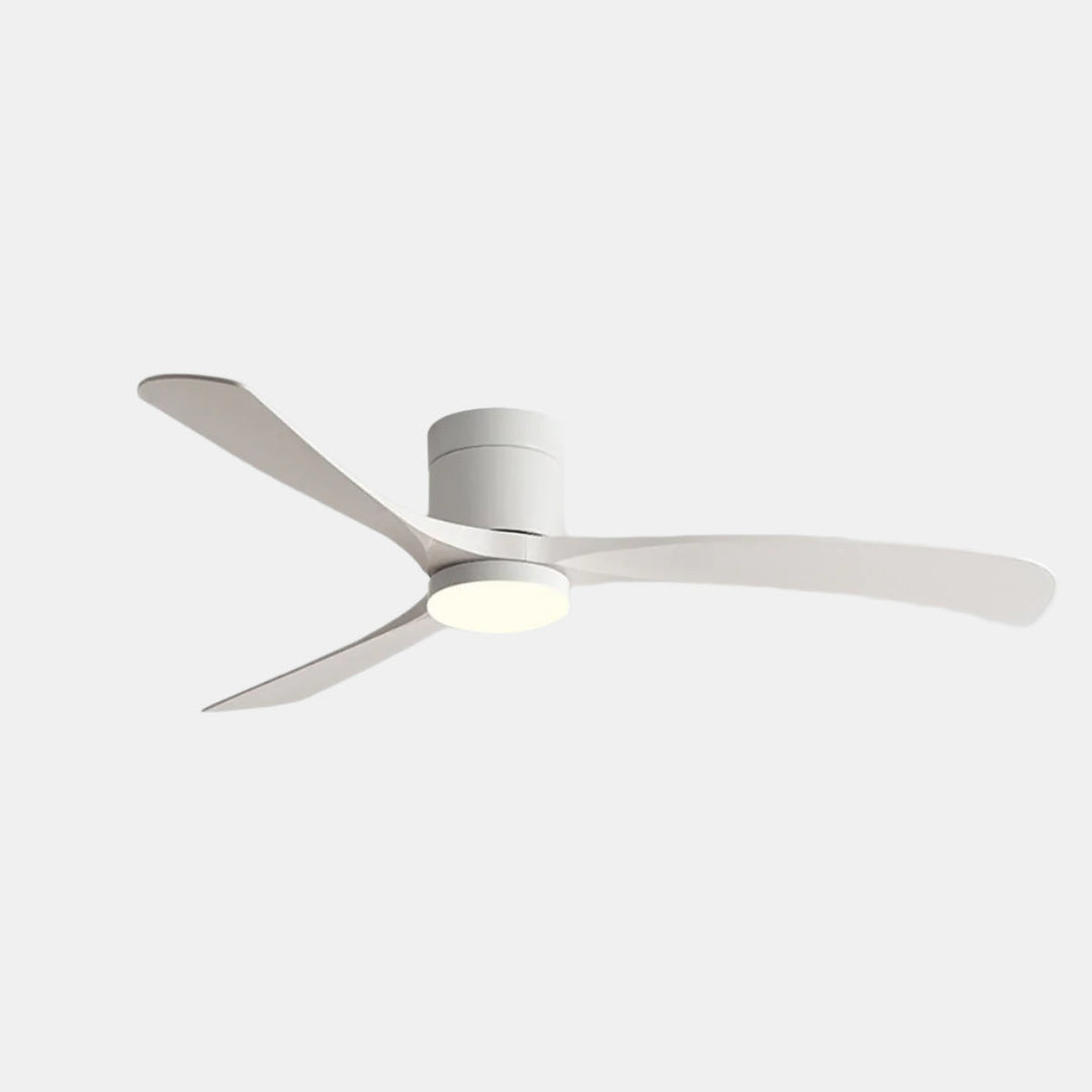 Modern LED ceiling fan, 6 speeds & reversible motor, perfect for contemporary home cooling.