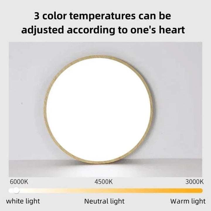 "Modern Circular Ultrathin Wooden LED Ceiling Light with natural or walnut finish, sleek 2.5 cm thick design, 30-40 cm size."
