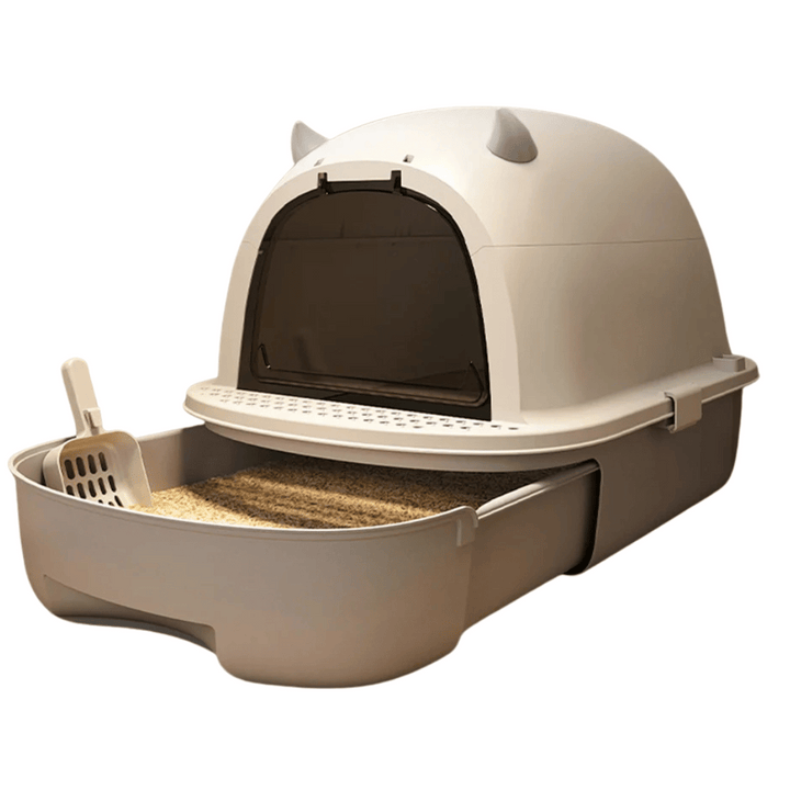 "Modern enclosed cat litter box with swing door, pull-out tray, high walls in grey and white, stylish pet supplies solution."