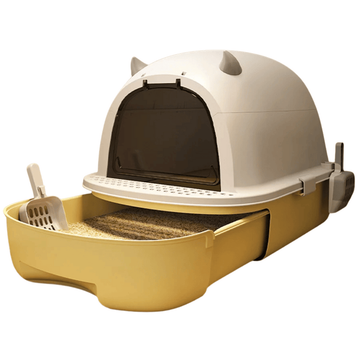 "Modern enclosed cat litter box with swing door, pull-out tray, high walls in grey and white, stylish pet supplies solution."