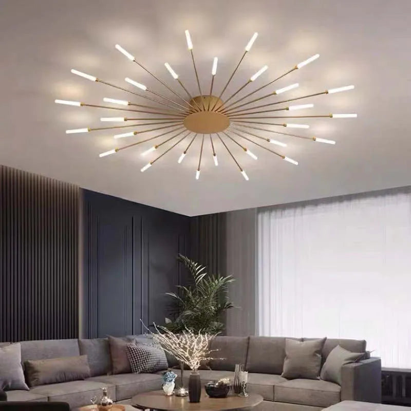 "Modern firework-inspired flush mount light with sleek metal and acrylic design, enhancing interior elegance and ambiance."
