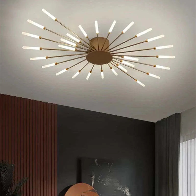 "Modern firework-inspired flush mount light with sleek metal and acrylic design, enhancing interior elegance and ambiance."