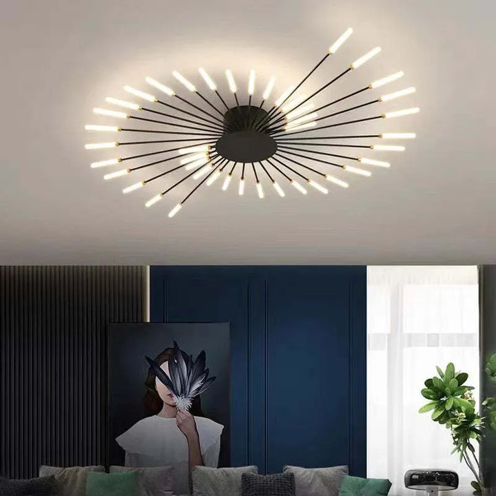 "Modern firework-inspired flush mount light with sleek metal and acrylic design, enhancing interior elegance and ambiance."