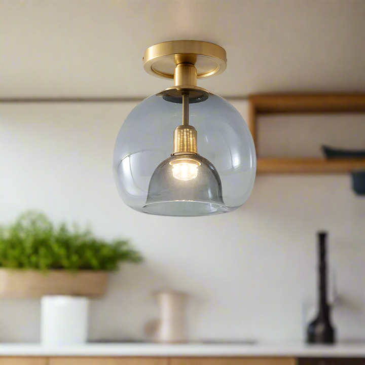 "Modern grey glass ceiling light, sleek and elegant, perfect for illuminating hallways with stylish, even lighting."
