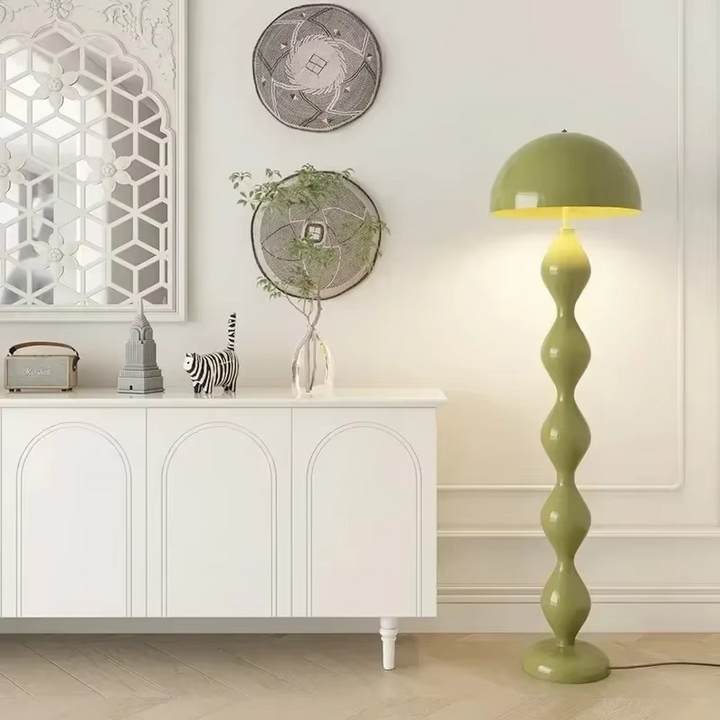 "Modern Scandinavian floor lamp with sleek metal frame and glowing shade in minimalist design for contemporary home decor."