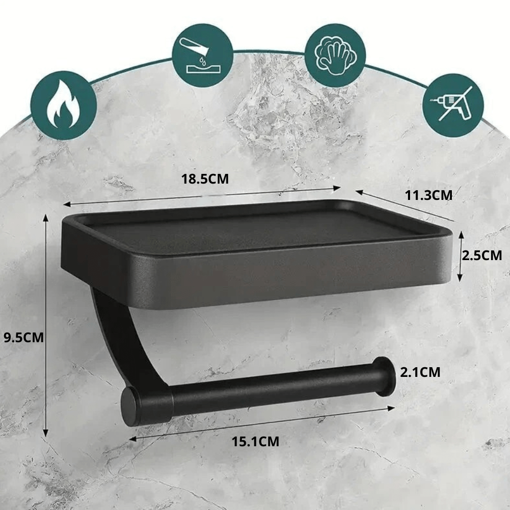 No-drill adhesive toilet paper holder in sleek stainless steel, featuring a top shelf for bathroom essentials.