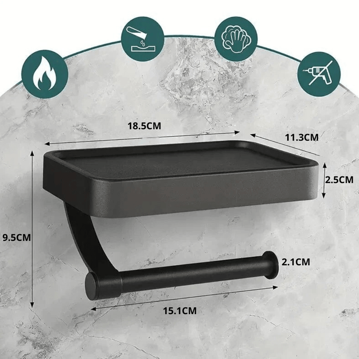 No-drill adhesive toilet paper holder in sleek stainless steel, featuring a top shelf for bathroom essentials.