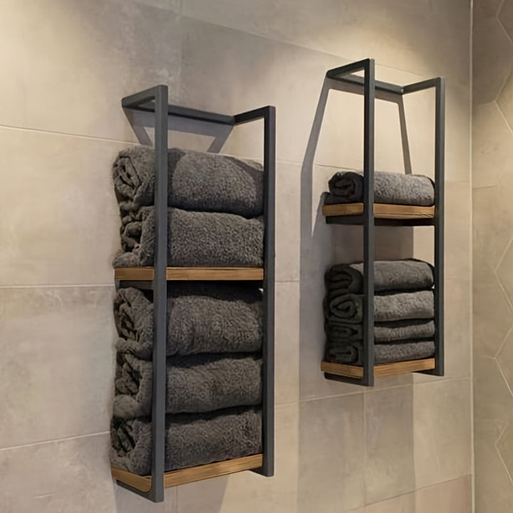 Modern stainless steel wall-mounted towel rack, perfect for space-saving bathroom storage and home organization.