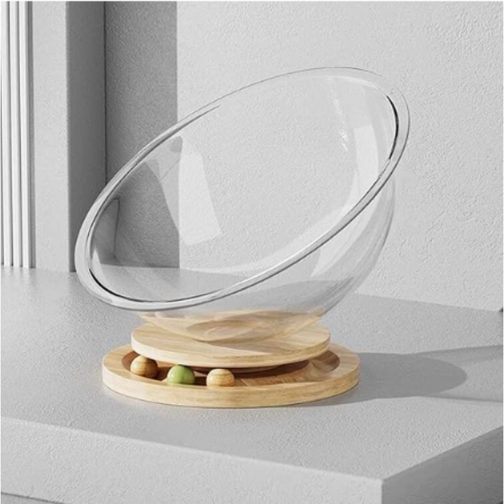Modern transparent acrylic cat pod bed with wooden base for feline comfort & decor. Perfect pet sanctuary for cat naps.