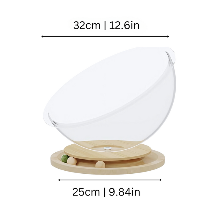 Sleek modern acrylic cat pod bed on wood stand, offering a cozy transparent pet house for your cat's rest or play.