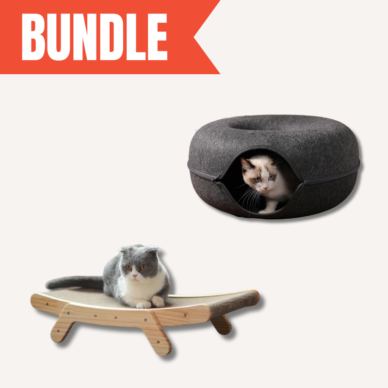 Modern wood cat scratcher & cozy hideaway bed. Durable feline lounge set for play & rest.