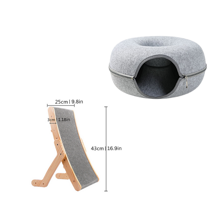 Ergonomic cat scratcher and cozy pet hideaway. Modern wood lounge & play set for happy felines.