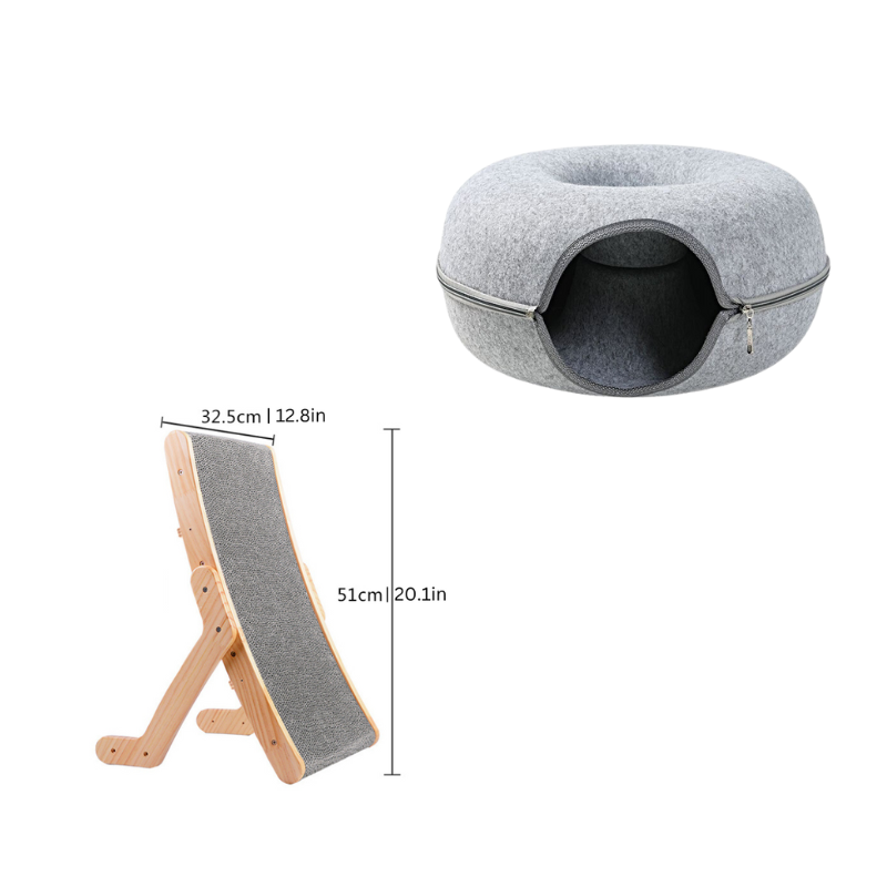 Durable wood cat lounge set with an ergonomic scratcher & cozy hideaway. Modern pet bed for play & rest.