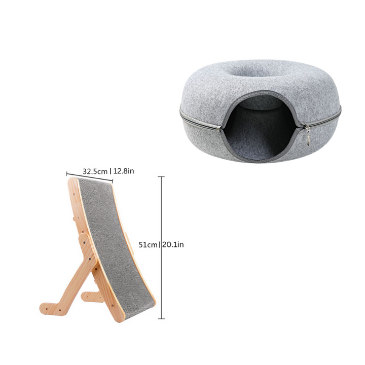 Durable wood cat lounge set with an ergonomic scratcher & cozy hideaway. Modern pet bed for play & rest.
