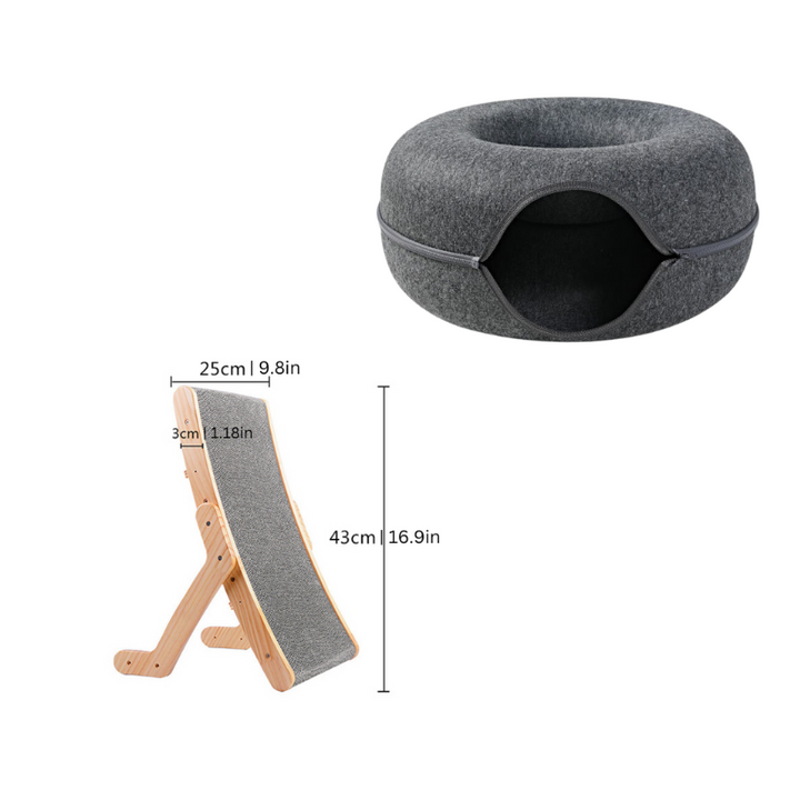 Feline play & lounge set: Modern wood cat scratcher and a cozy hideaway bed for ultimate pet comfort.