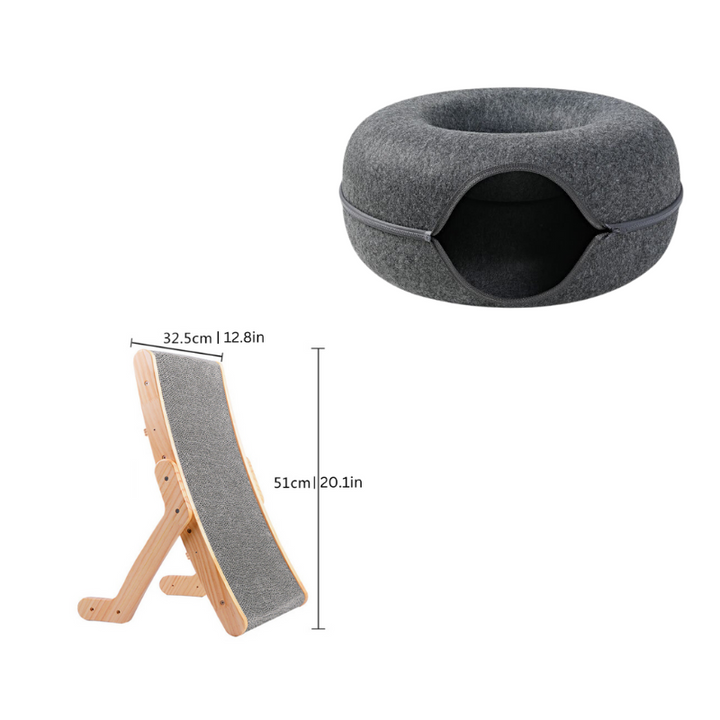 Complete cat play & lounge set featuring an ergonomic scratcher and a cozy hideaway. Durable wood pet toy & bed.