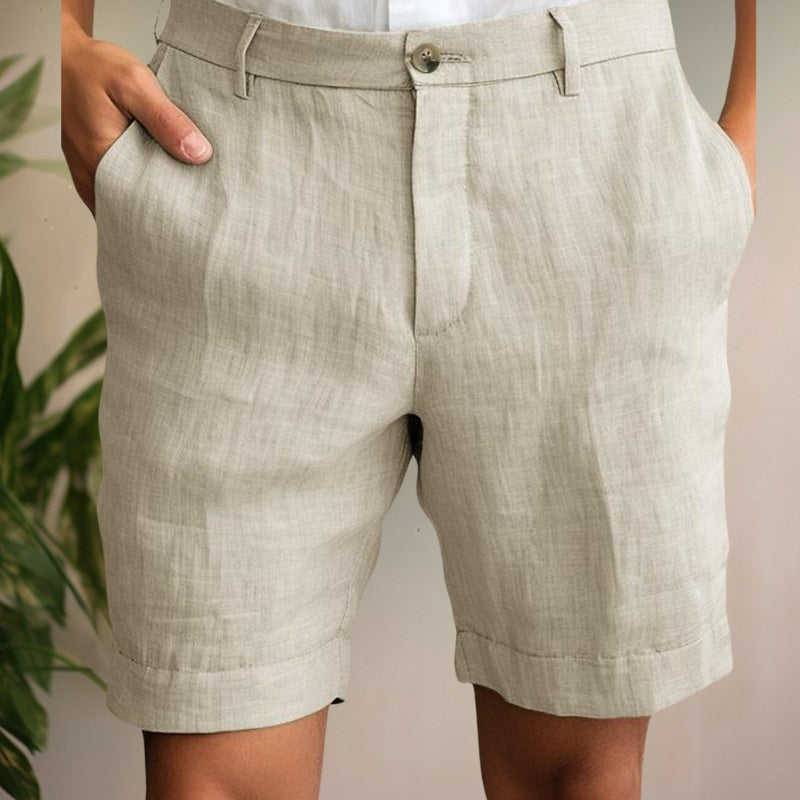 Men's stylish khaki chino shorts for summer. Comfortable, relaxed fit, perfect for casual warm weather fashion.