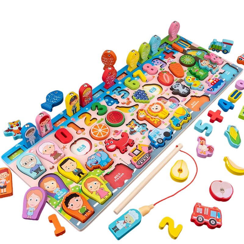 Wooden Montessori busy board puzzle toy for toddlers, fostering fine motor skills, sensory exploration, and learning.