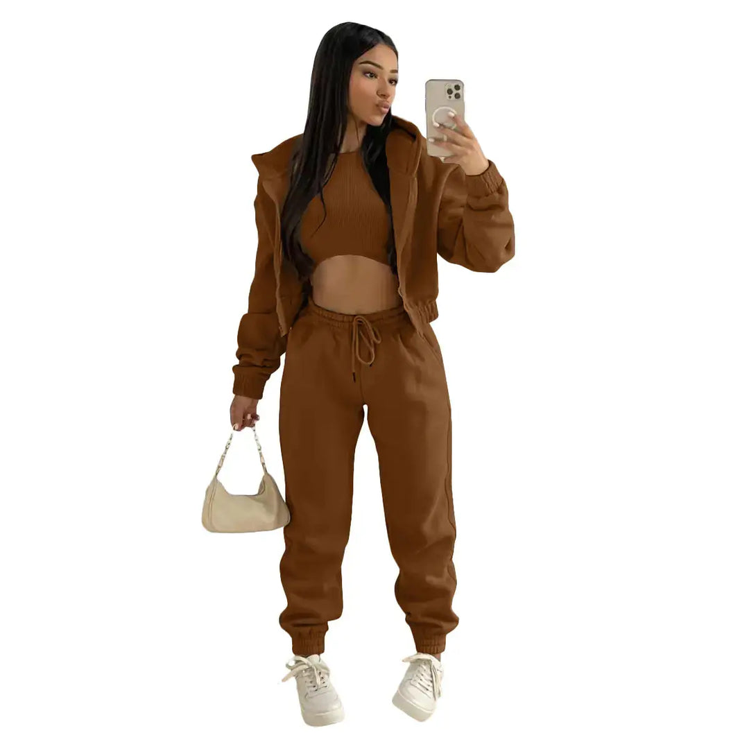 Women's 3-piece travel outfit: comfy cropped hoodie, joggers, & bralette.