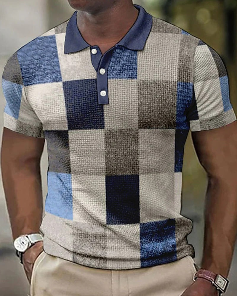 Comfortable men's checkered print polo shirt, ideal for daily wear and a stylish casual look.