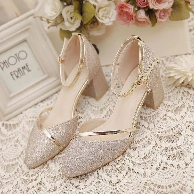 Chic women's block heel shoes with elegant ankle strap. Perfect versatile footwear for formal events & parties.