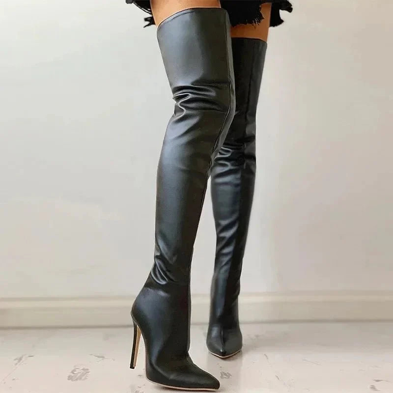 Fashionable women's over-the-knee stiletto boots, pointed toe design. Ideal for a sophisticated, sleek silhouette.