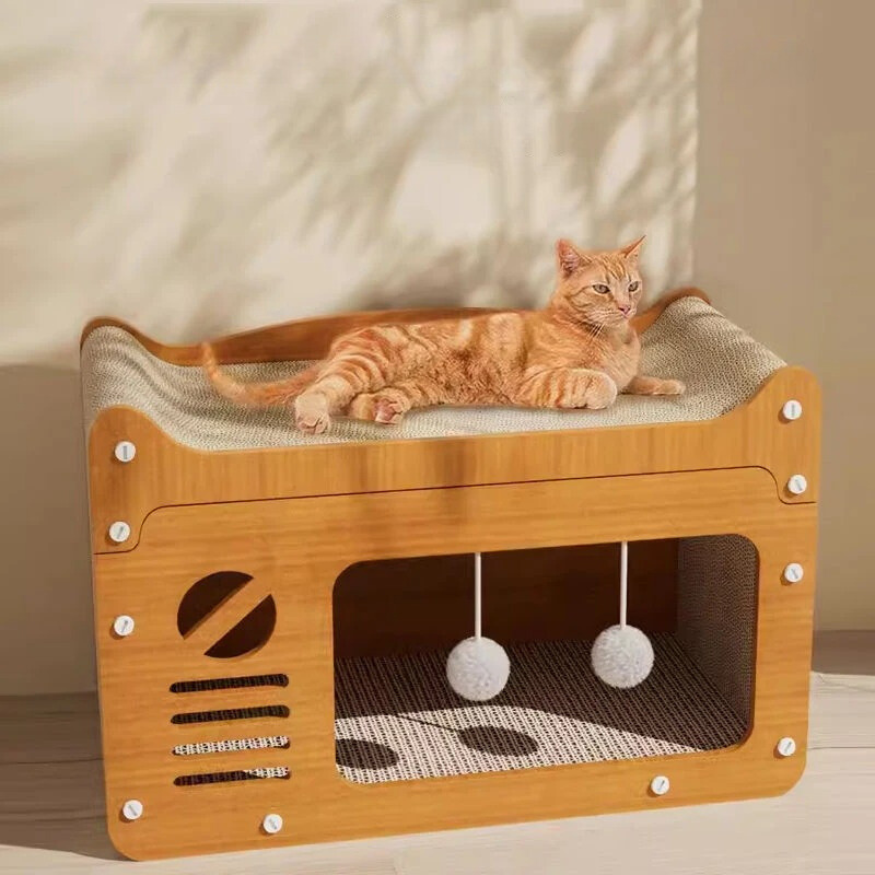 Multi-level cat scratcher house with sisal posts & cozy beds for playing, climbing, and healthy claws. Pet furniture.