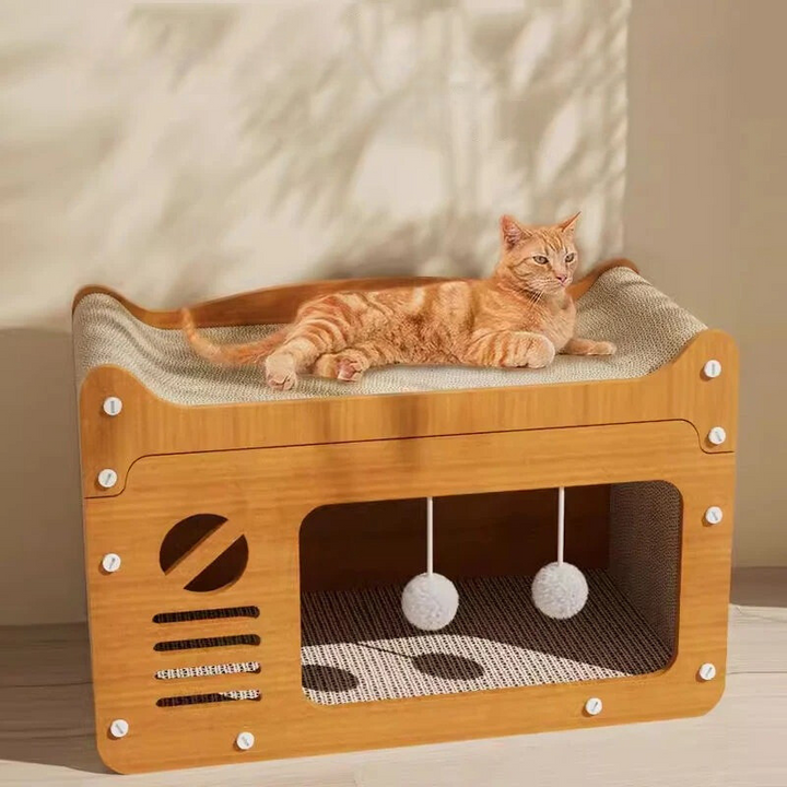 Multi-level cat scratcher house with sisal posts & cozy beds for playing, climbing, and healthy claws. Pet furniture.