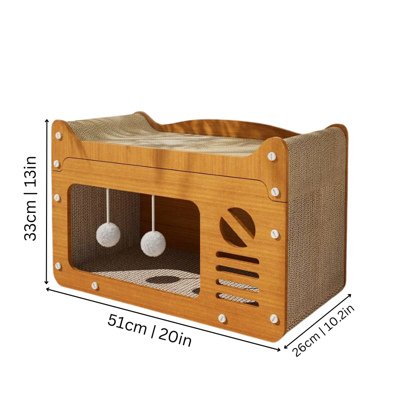 Cat play house & scratcher tower. Multi-level pet furniture for active cats, with sisal scratching posts and soft bed.