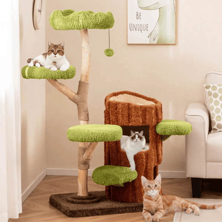 "Multi-level cat tree tower with condo nests, sisal scratch posts, and plush perches for feline comfort and activity."