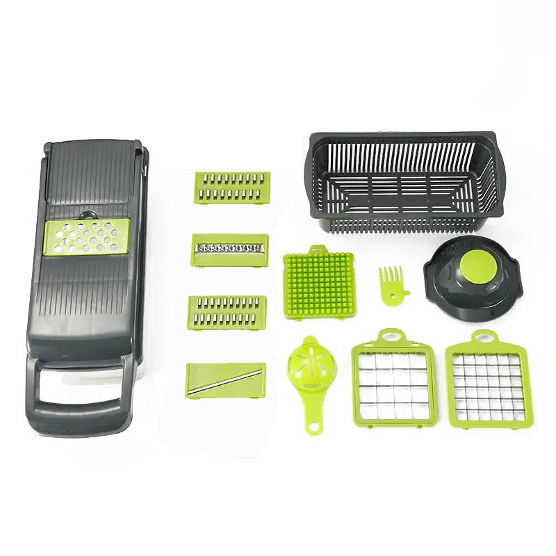 "Multifunctional kitchen vegetable chopper and grater, sleek design, ideal for slicing and grating veggies, 16-in-1 tool."