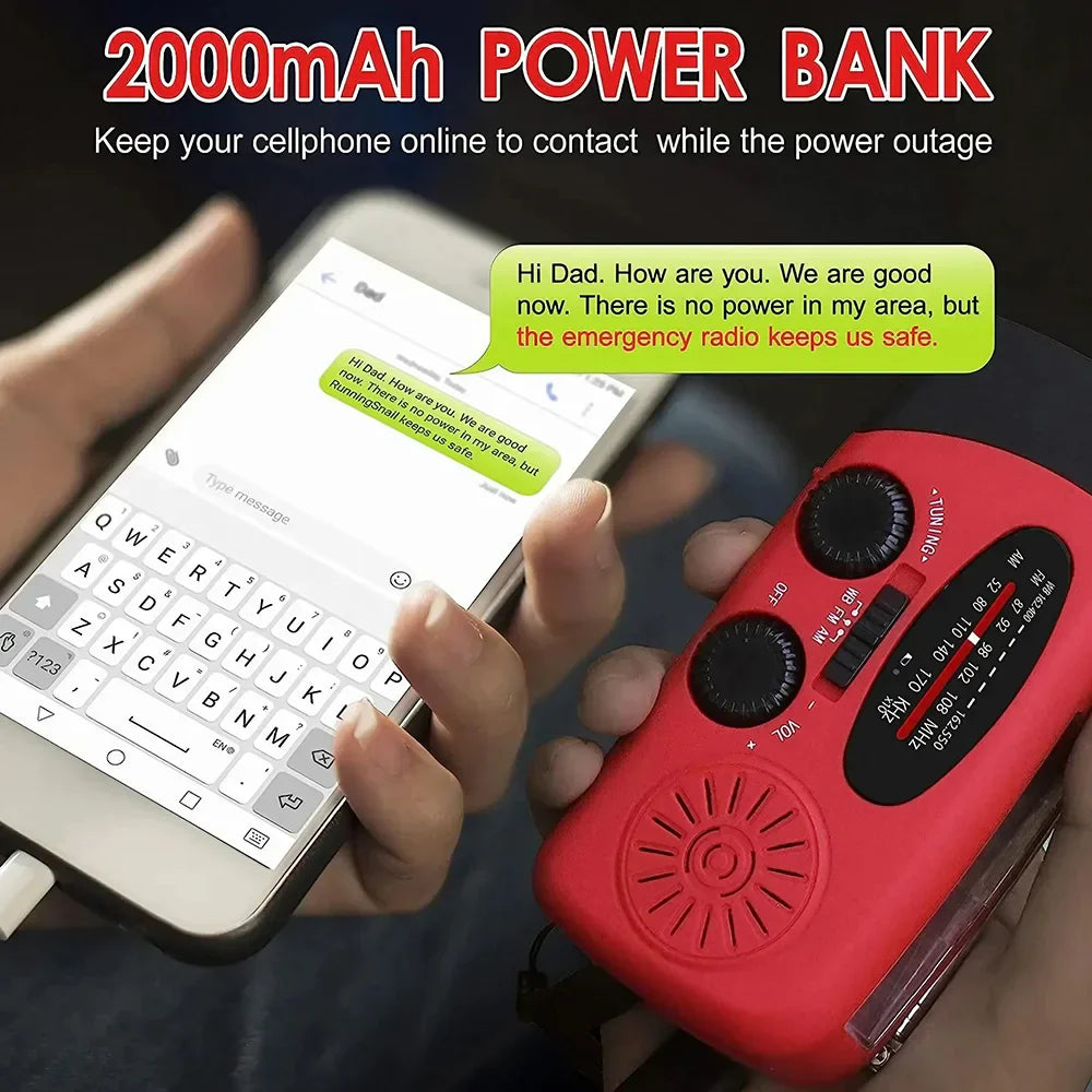 Multifunctional outdoor solar hand crank radio with LED flashlight, eco-friendly, portable, ideal for camping and emergencies