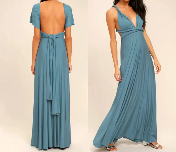 Stylish women's convertible maxi dress, multiway wrap design for a versatile elegant evening gown look.