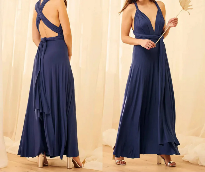 Formal women's multiway maxi dress, an elegant convertible evening gown suitable for parties & events.
