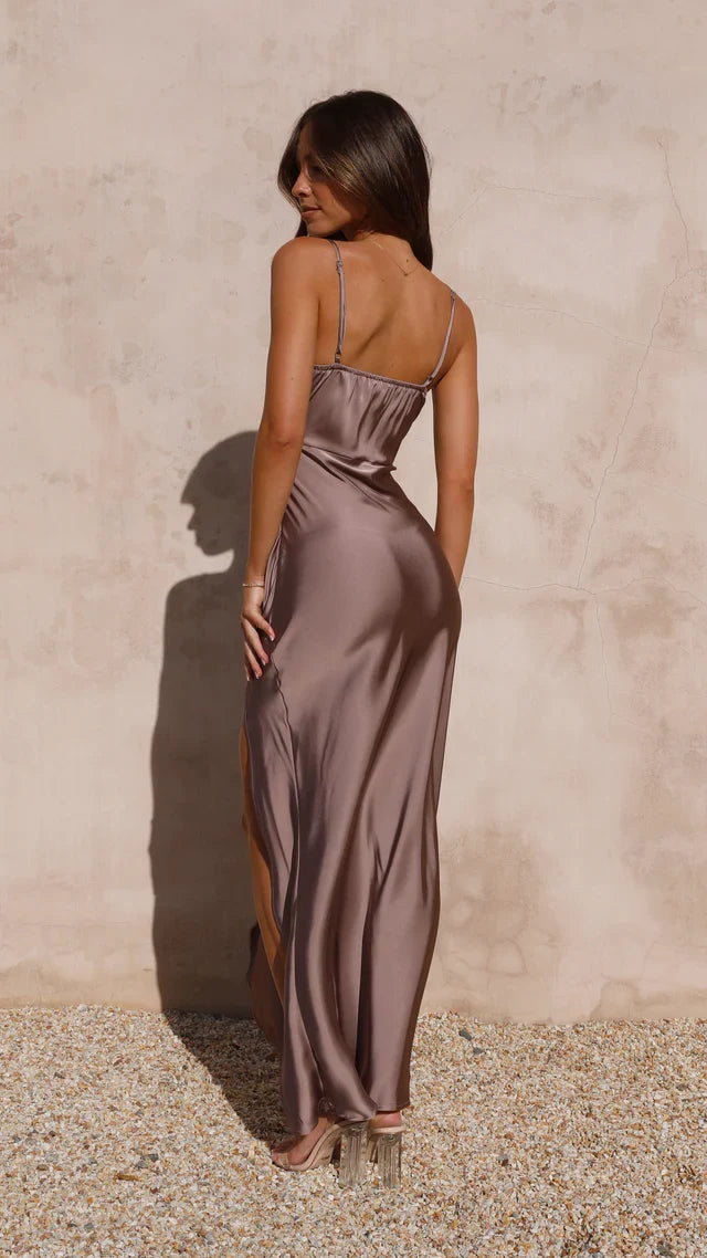 Elegant leg split on a chic women's formal maxi dress. Perfect for special occasion evening wear.