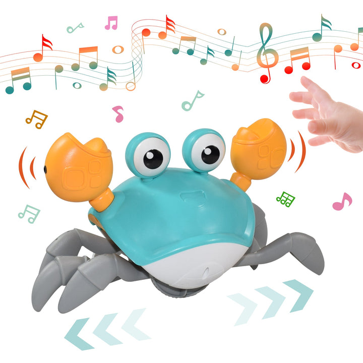 Interactive musical crawling crab, a sensory and educational toy for toddlers. Develops motor skills with obstacle avoidance.