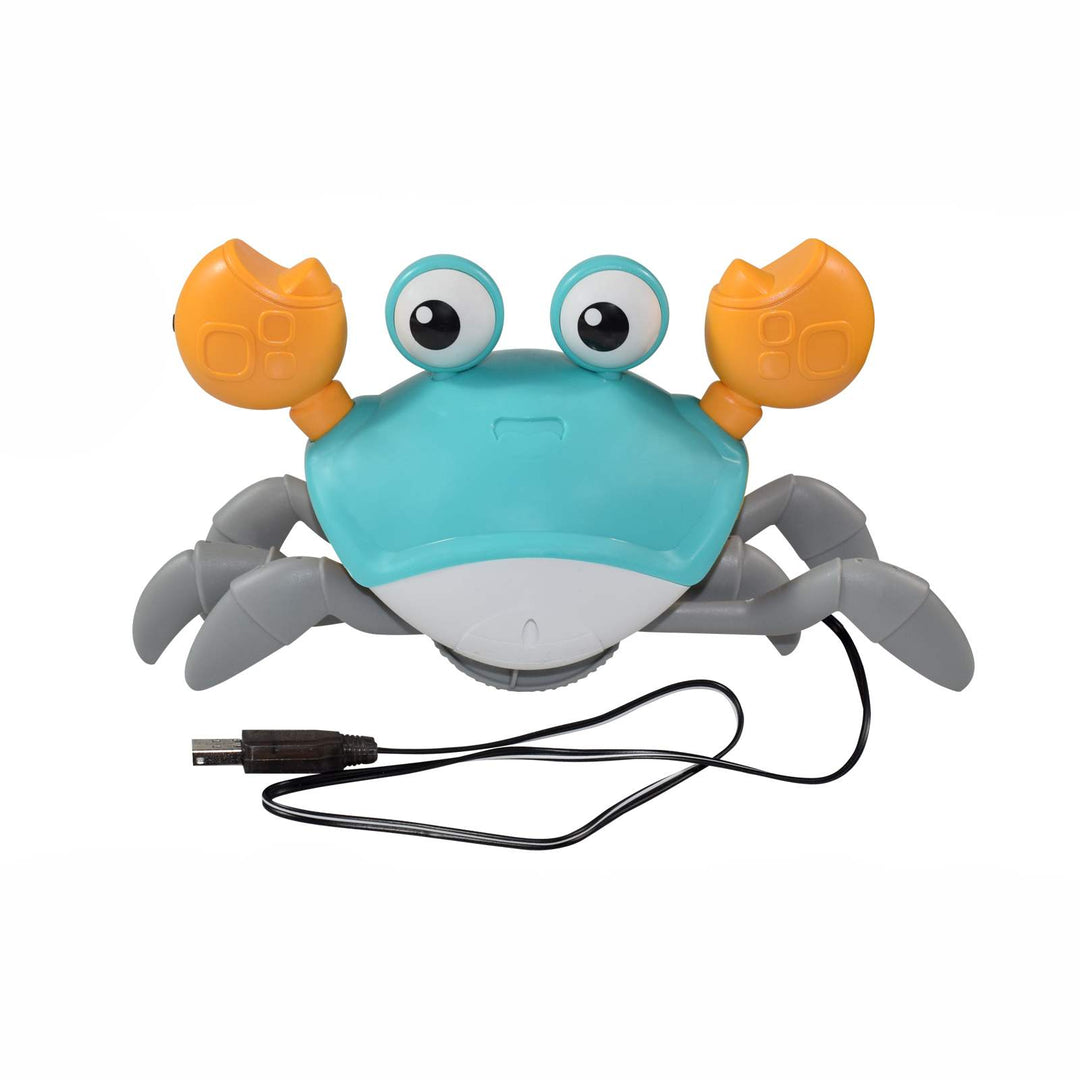 Dynamic crawling crab toy for baby's tummy time, with music and sensor. Encourages active play and early development.