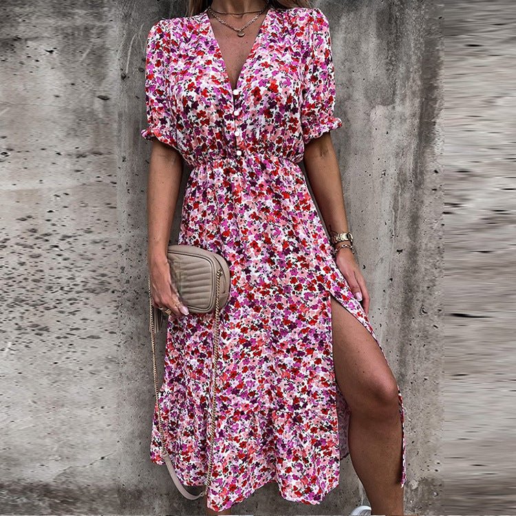 Model in flowy women's floral print midi dress, elegant summer or spring fashion for vacation.