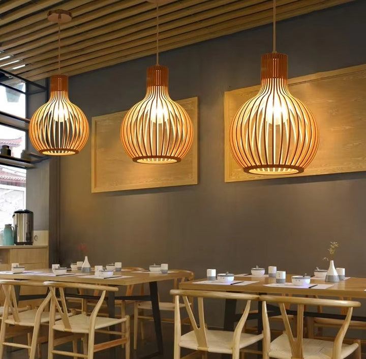 Unique Natura Orb wooden ceiling light with organic design, creating a warm, cozy ambiance.