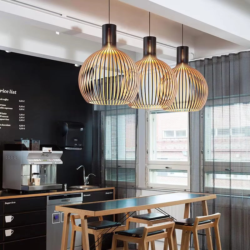 Natura Orb wooden pendant lamp. Organic design, natural light, cozy lighting, perfect for home decor.