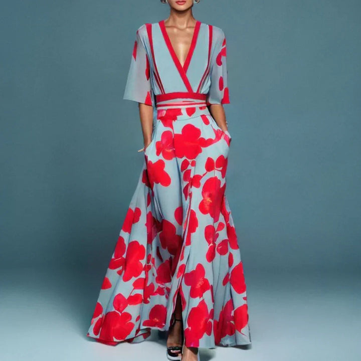 Elegant women's floral wrap maxi dress. Features a flattering V-neck, long silhouette, perfect for summer occasions.