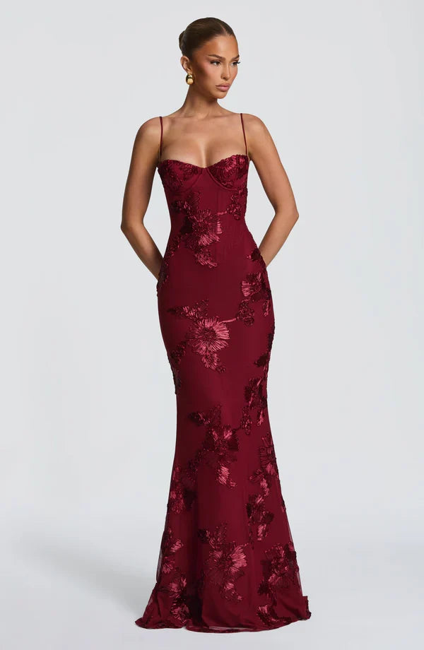 Women's elegant floral print maxi dress, Aveline corset style, perfect for evening occasions.