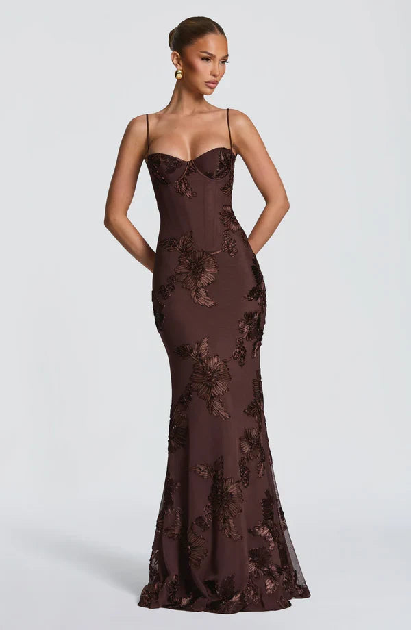 Chic women's floral Aveline maxi dress, corset detailing, a perfect evening and party gown.