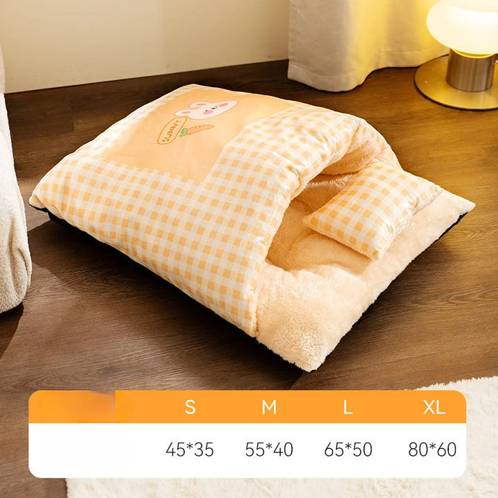 Cat's plush sleeping bag bed for ultimate snuggles. Cozy pet cave for deep sleep.