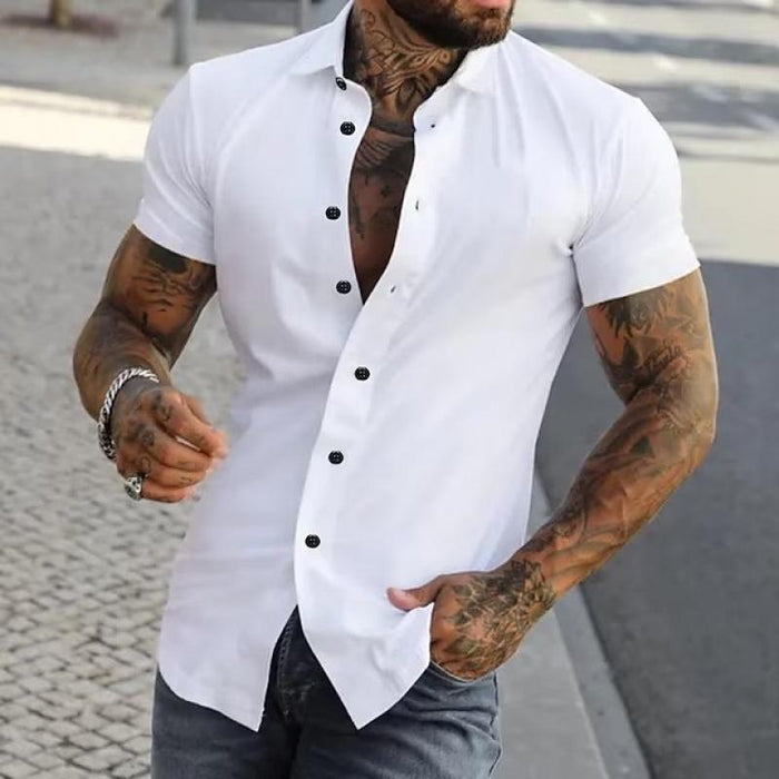 Men's fitted short sleeve shirt with a modern cut, perfect for smart casual summer wear.