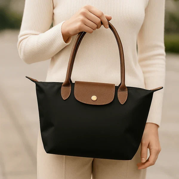 Elegant women's structured two-tone tote bag, a sophisticated classic shoulder bag perfect for work.
