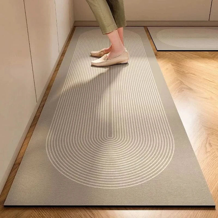 Stylish minimalist kitchen rug, an easy-clean non-slip floor mat for modern home kitchen aesthetic & safety.