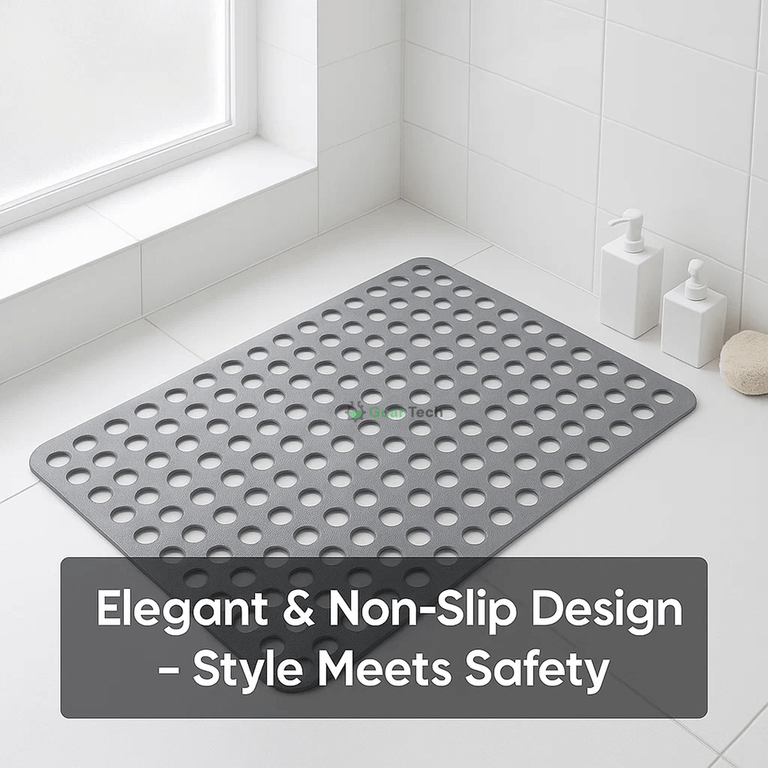 Non-slip shower mat with suction cups, textured for comfort, mold-resistant, in blue, green, grey; enhances bathroom safety.